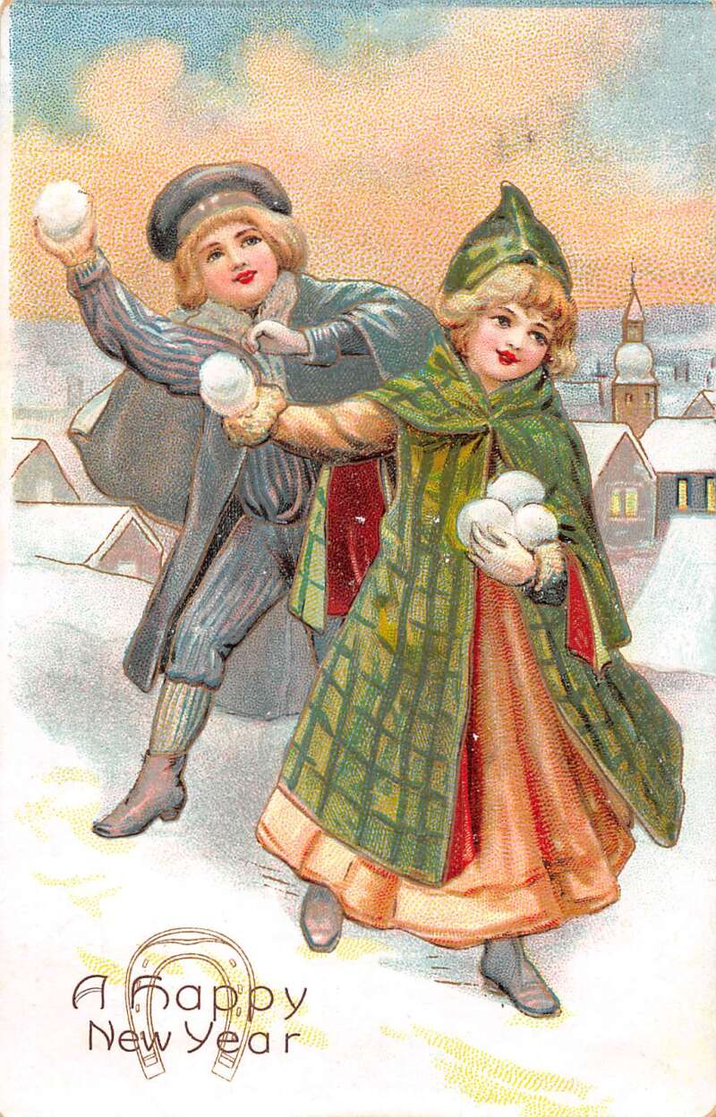 New Year Greetings Children Snowball Fight Vintage Postcard AA29999 ...