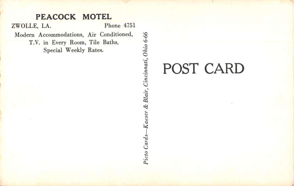 Zwolle Louisiana Peacock Motel Vintage Postcard AA30171 - Image 2