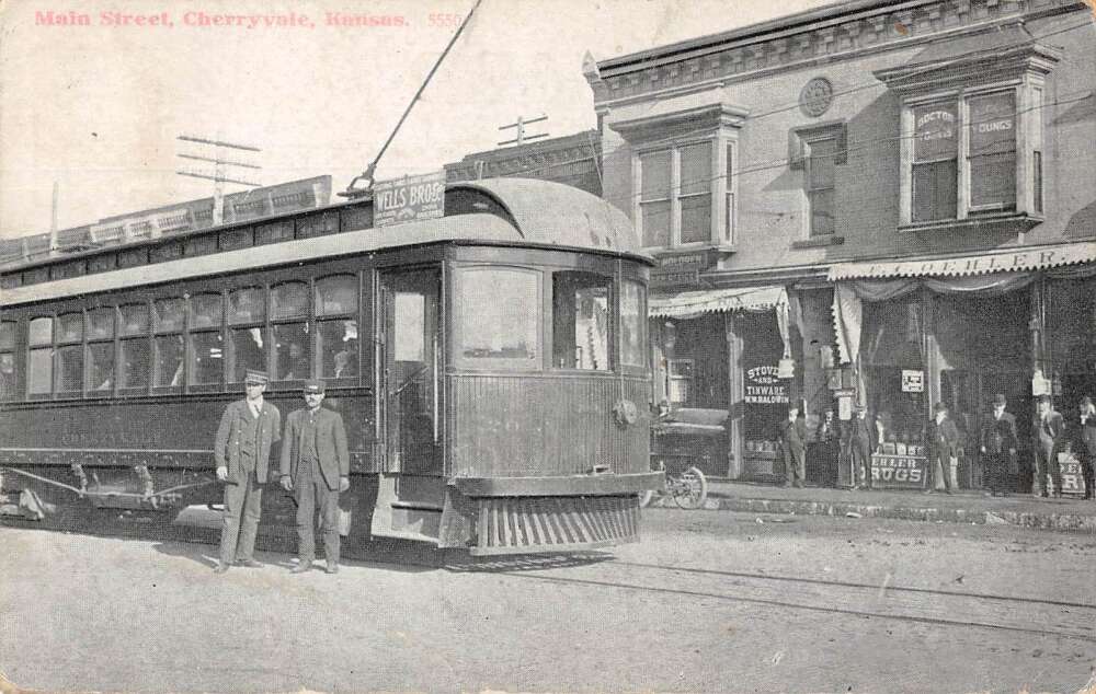 Cherryvale Kansas Main Street Trolley Vintage Postcard AA30541 Mary L