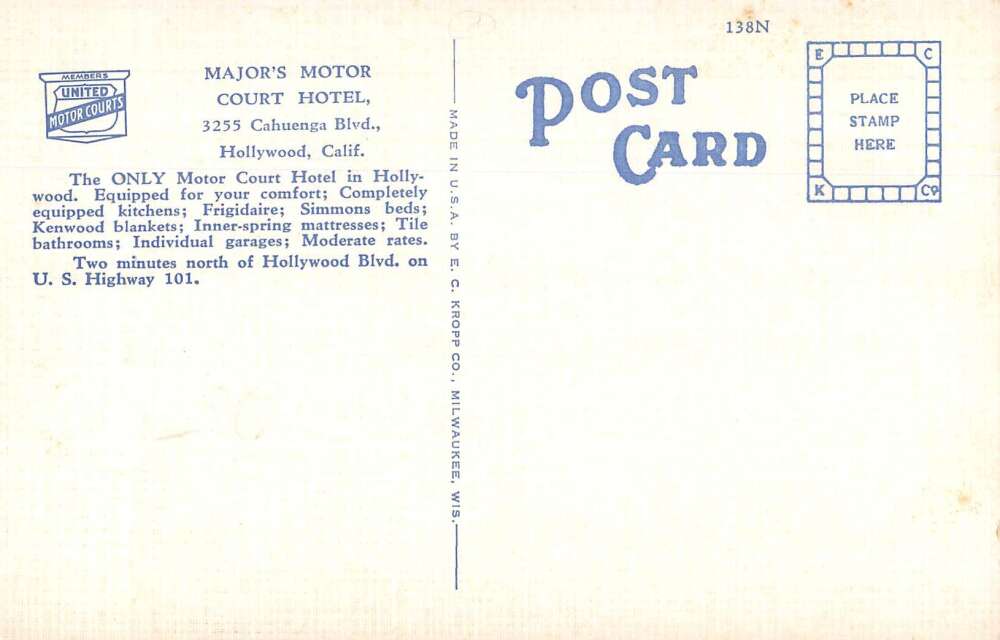 Hollywood California Major's Motor Court Hotel Vintage Postcard AA30708 - Image 2