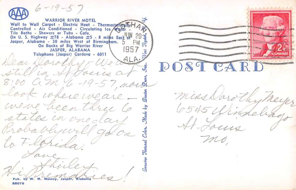 Jasper Alabama Warrior River Motel Vintage Postcard AA30782 - Mary L ...