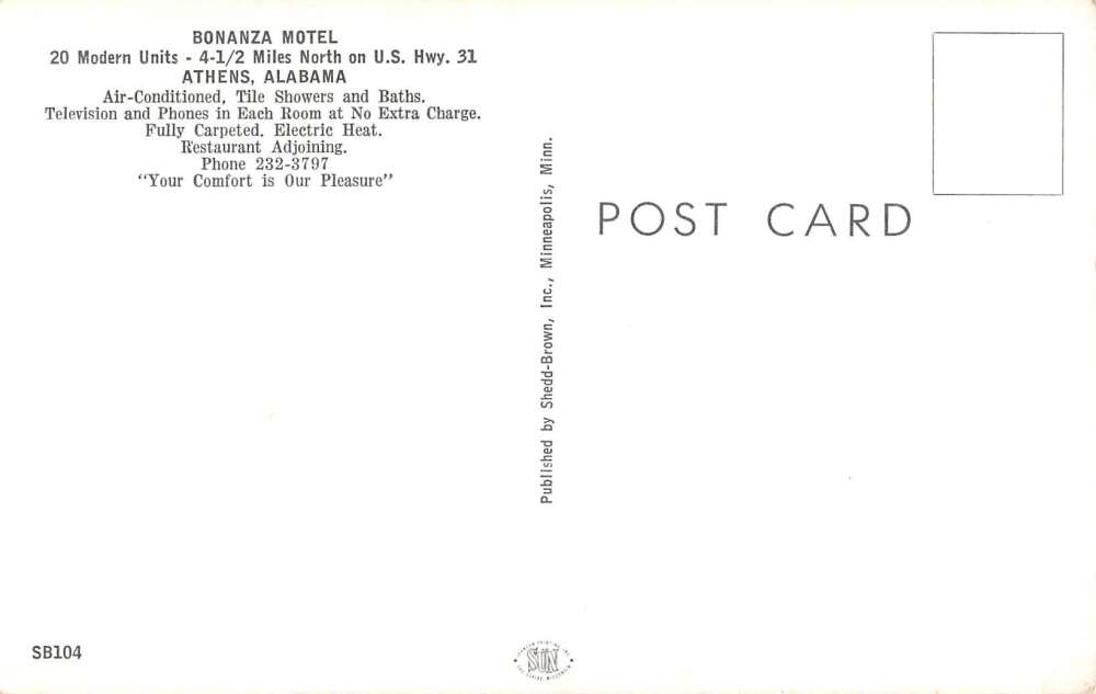 Athens Alabama Bonanza Motel Vintage Postcard AA31042 - Image 2
