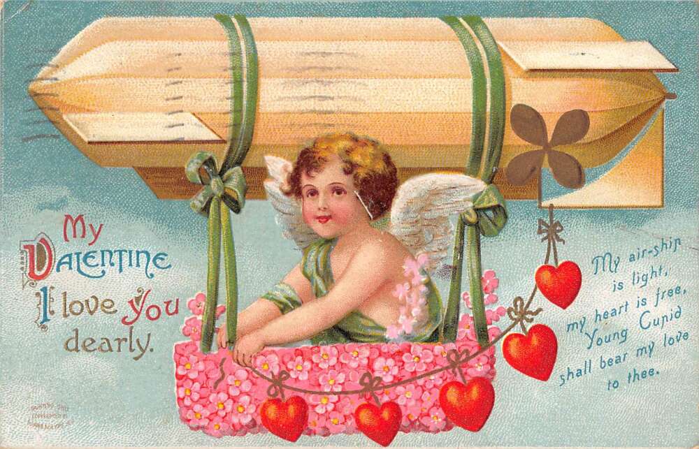 Valentines Greetings Cupid Hot Air Balloon Dirigible Vintage Postcard AA31138
