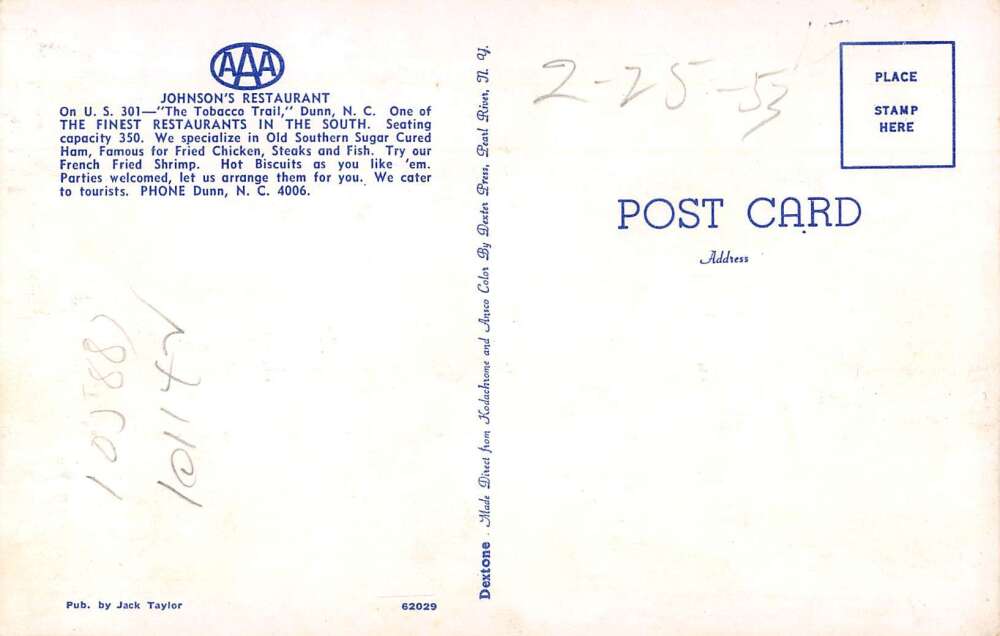 Dunn North Carolina Johnson's Restaurant Vintage Postcard AA31625 - Image 2
