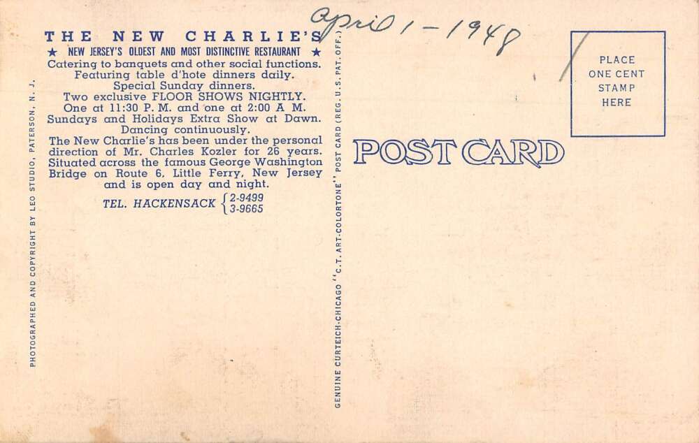 Little Ferry New Jersey Charlie's Main Dining Room Vintage Postcard AA31812 - Image 2