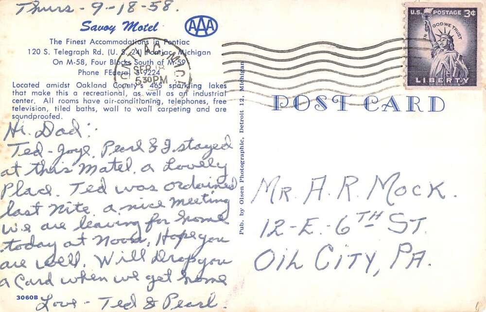 Pontiac Michigan Savoy Motel Vintage Postcard AA32043 - Image 2