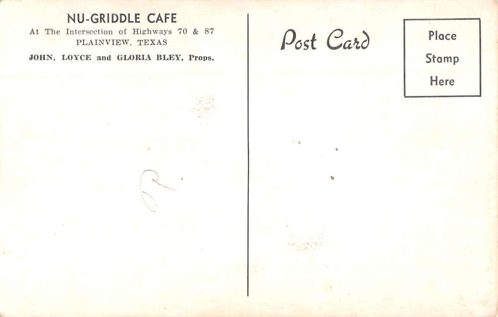 Plainview Texas NuGriddle Cafe Vintage Postcard AA32705 Mary L