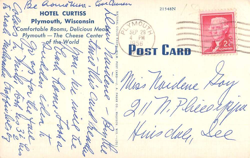 Plymouth Wisconsin Hotel Curtiss Vintage Postcard AA32731 - Image 2