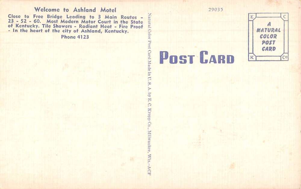Ashland Kentucky Ashland Motel Vintage Postcard AA33218 - Image 2