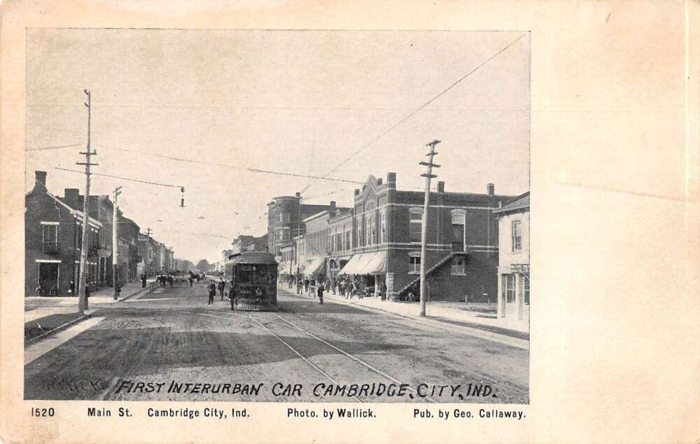 Cambridge City Indiana First Interurban Car Street Scene Postcard