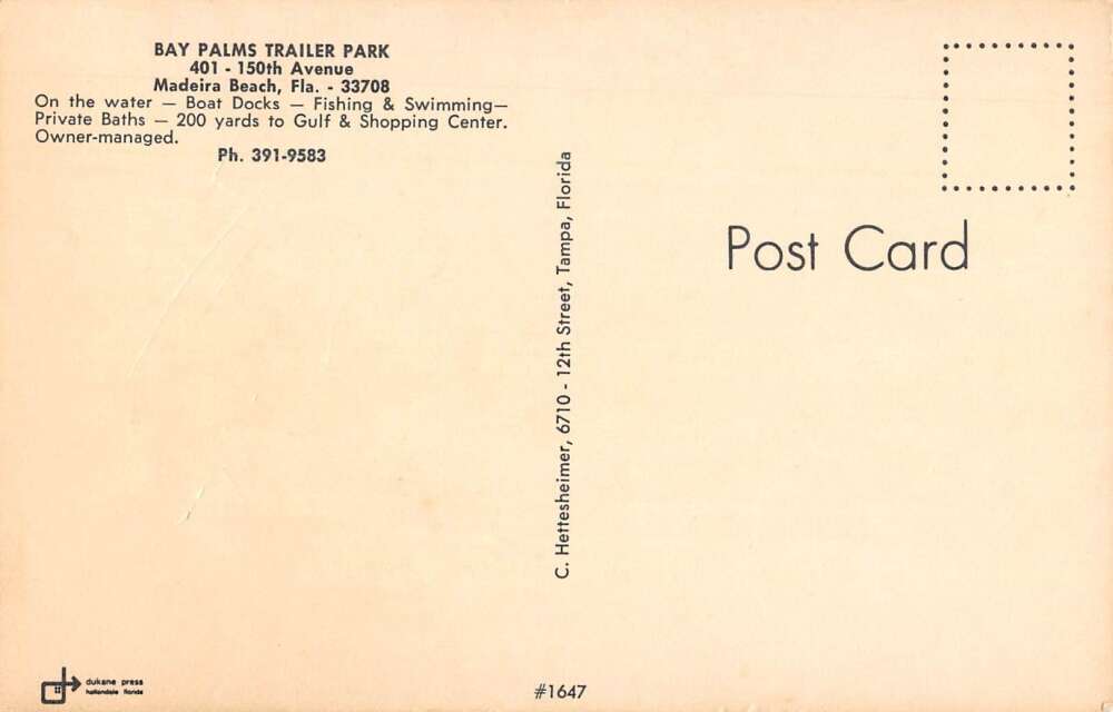 Madeira Beach Florida Bay Palms Trailer Park Vintage Postcard AA34111 - Image 2