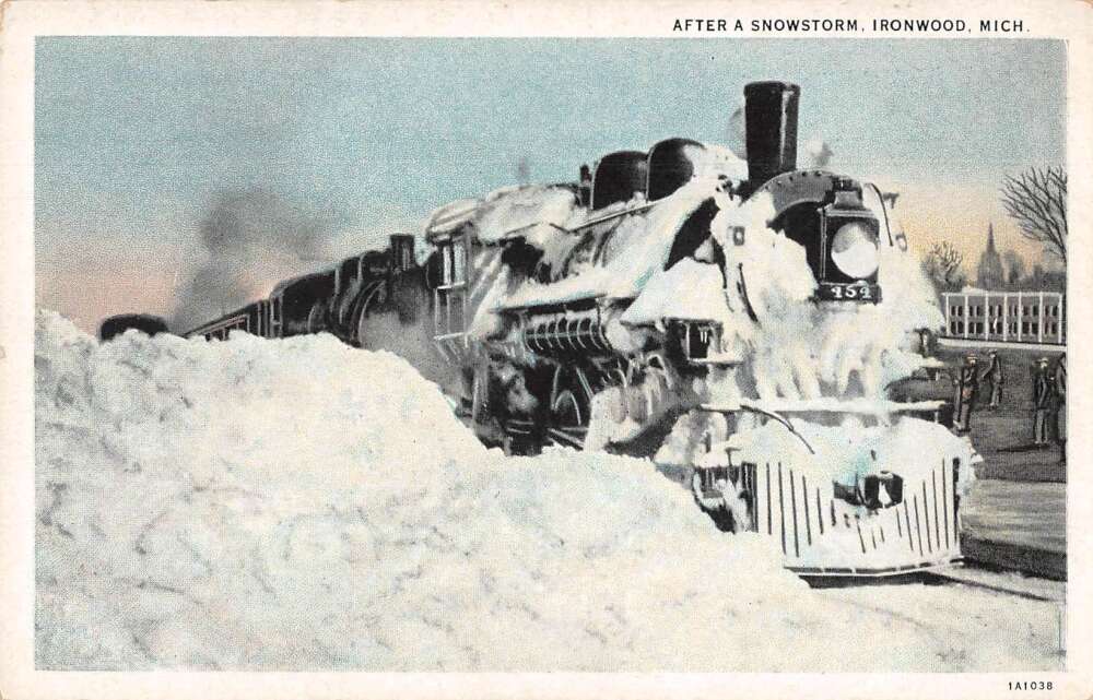 Ironwood Michigan After a Snowstorm Train Station Vintage Postcard AA34979