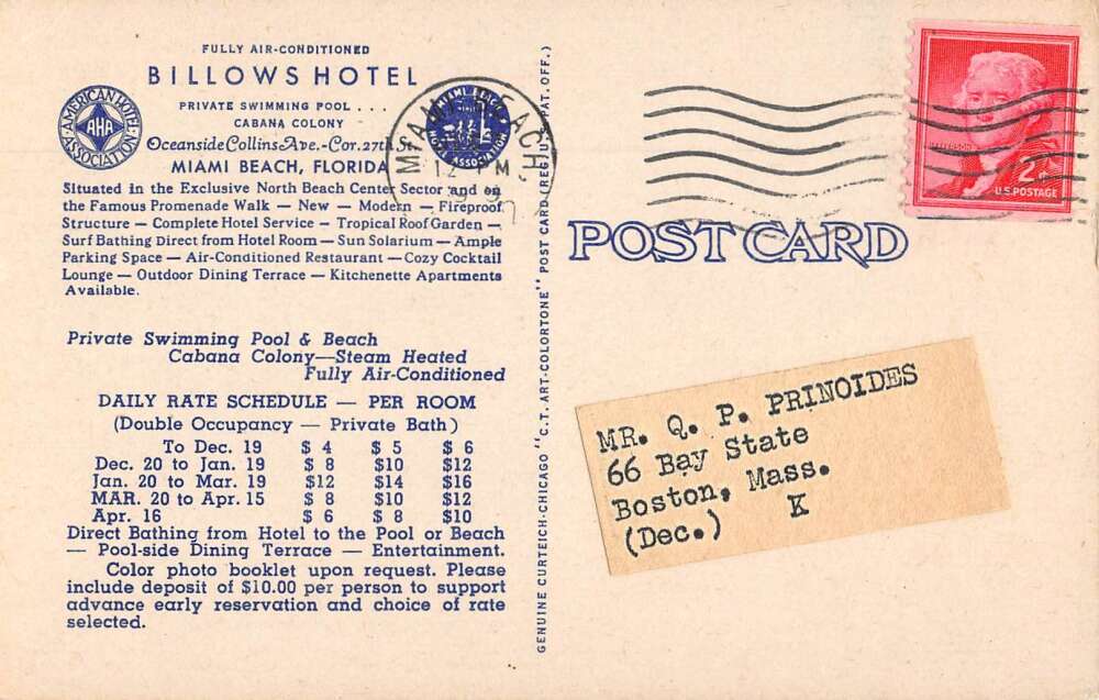 1947 MIAMI, FL, BOATWRIGHT HOTEL POSTCARD