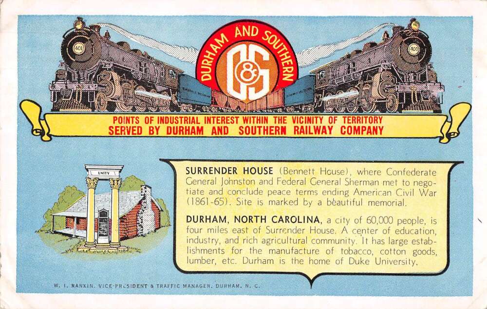 Durham North Carolina Durham and Southern Railroad Vintage Postcard AA35461