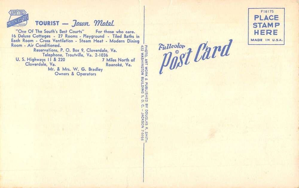 Roanoke Virginia Tourist Town Motel Court Vintage Postcard AA36059 - Image 2
