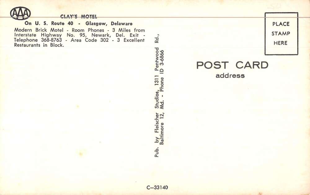 Glasgow Delaware Clay's Motel Vintage Postcard AA36831 - Image 2