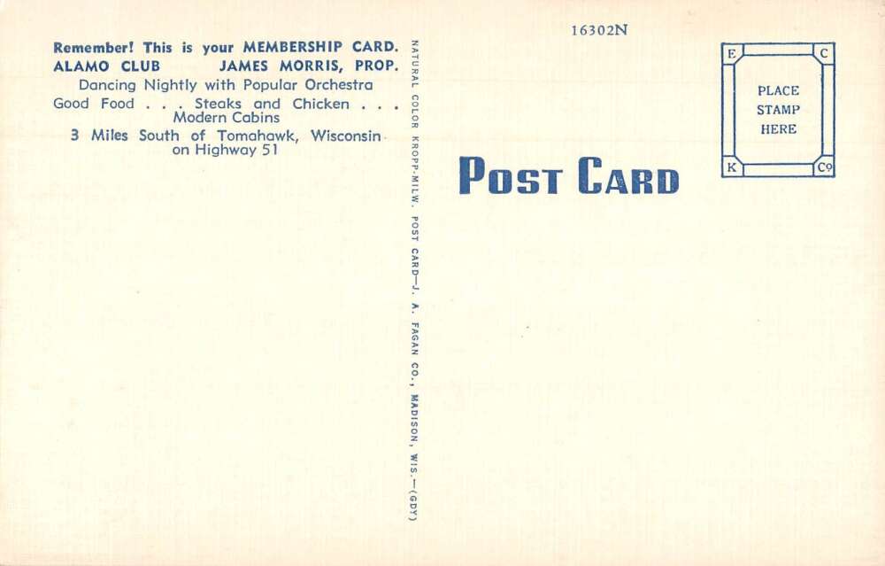 Tomahwak Wisconsin Alamo Club and Cabins Nightly Orchestra Postcard AA37271 - Image 2