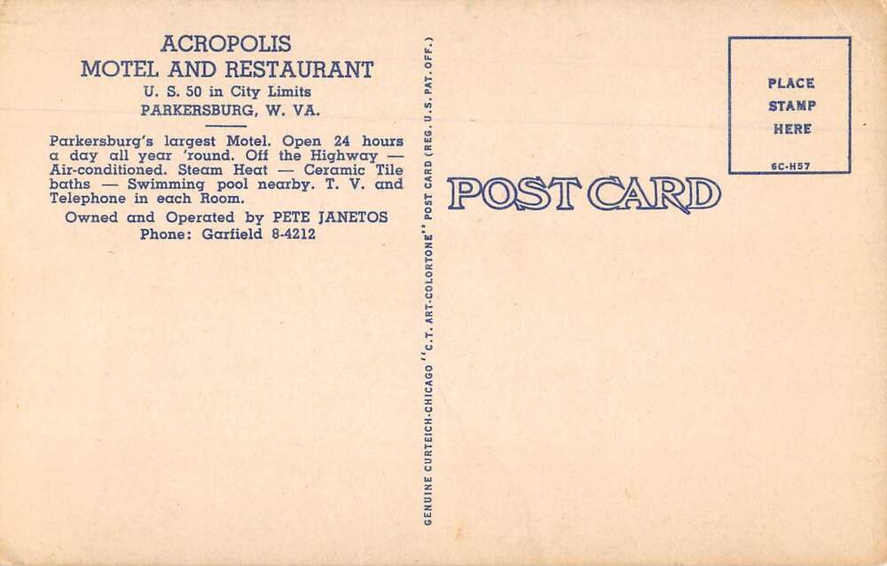 Parkersburg West Virginia The Acropolis Motel and Restaurant Postcard AA37671 - Image 2