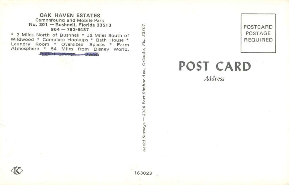 Bushnell Florida Oak Haven Estates Trailer Park Aerial View Postcard AA37776 - Image 2