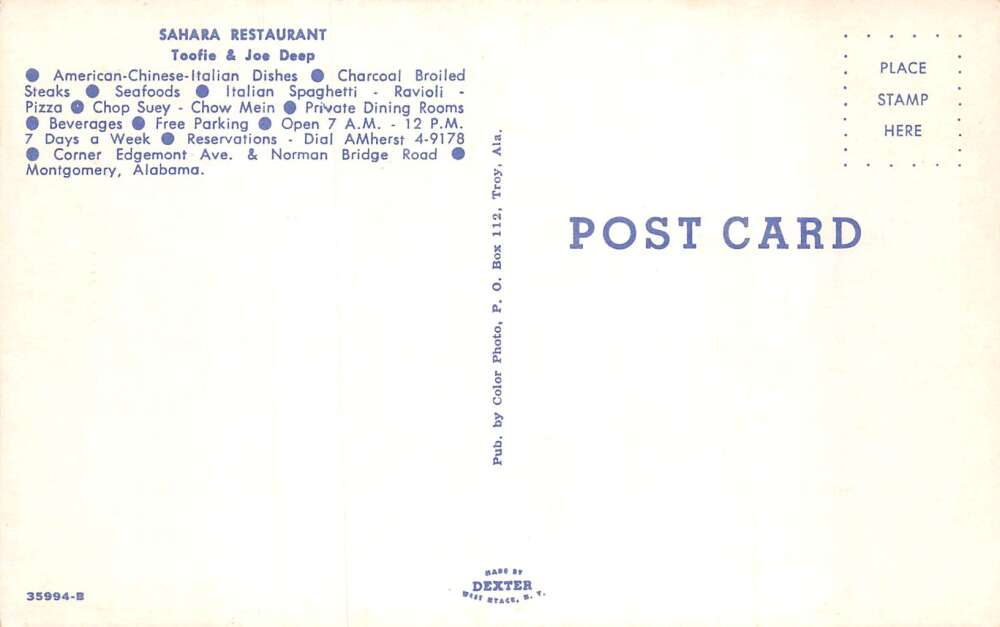 Montogmery Alabama Sahara Restaurant Vintage Postcard CC1832 - Image 2