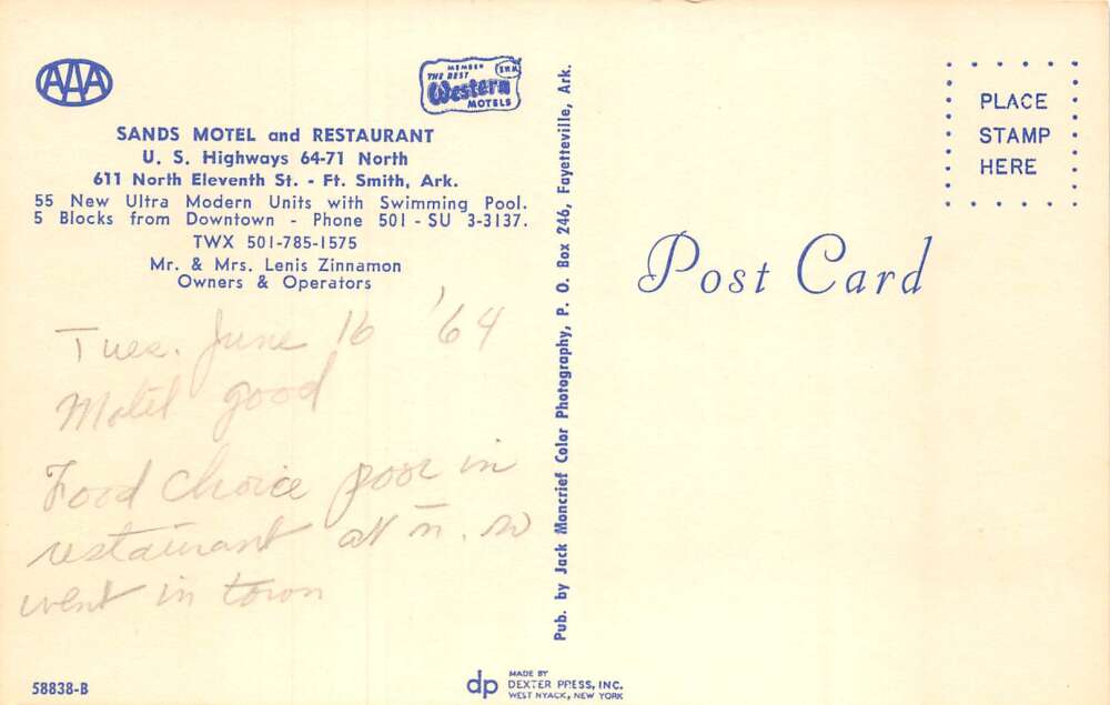 Fort Smith Arkansas Sands Motel and Restaurant Vintage Postcard CC1862 - Image 2