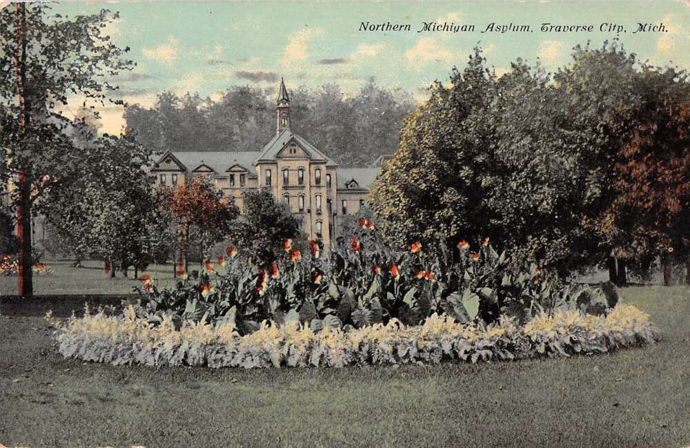 Traverse City Michigan Northern Michigan Asylum Garden Vintage Postcard