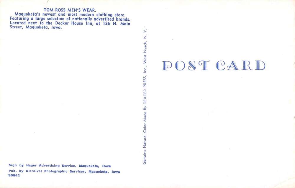 Maquoketa Iowa Tom Ross Men's Wear Store Vintage Postcard AA39021 - Image 2