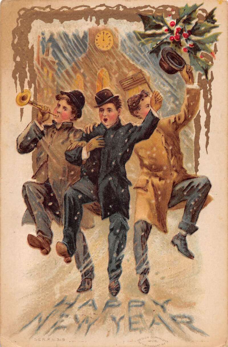 New Year Greetings Joyful Men in Snow Storm Vintage Postcard