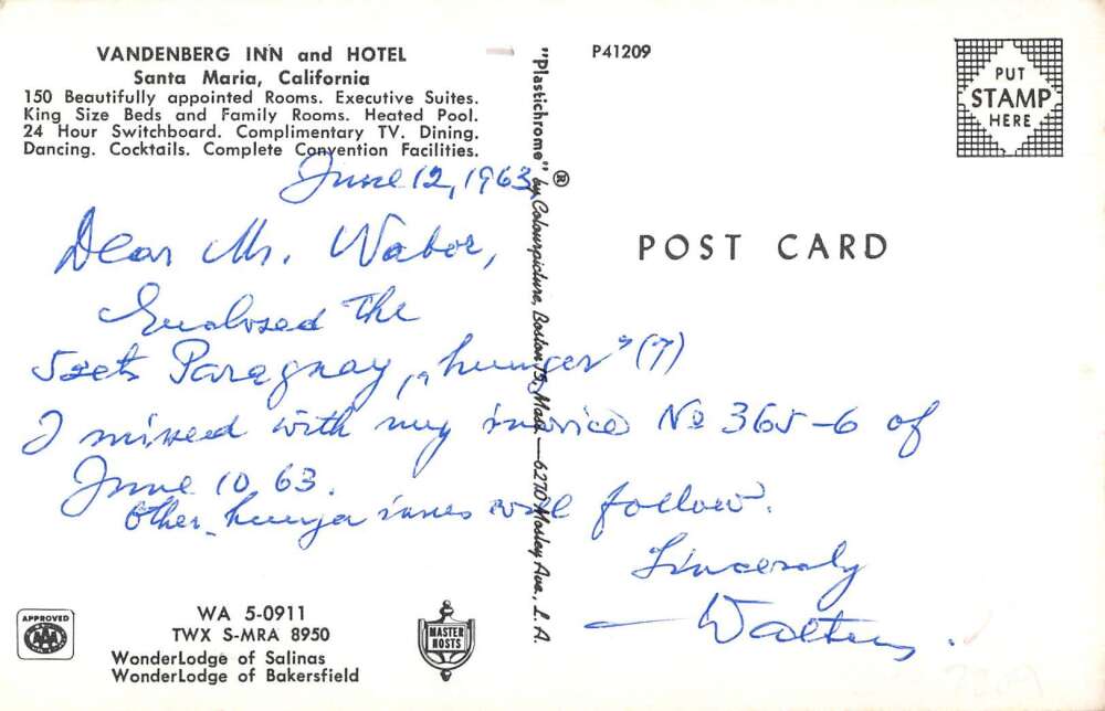 Santa Maria California Vandenberg Inn and Hotel Vintage Postcard ...