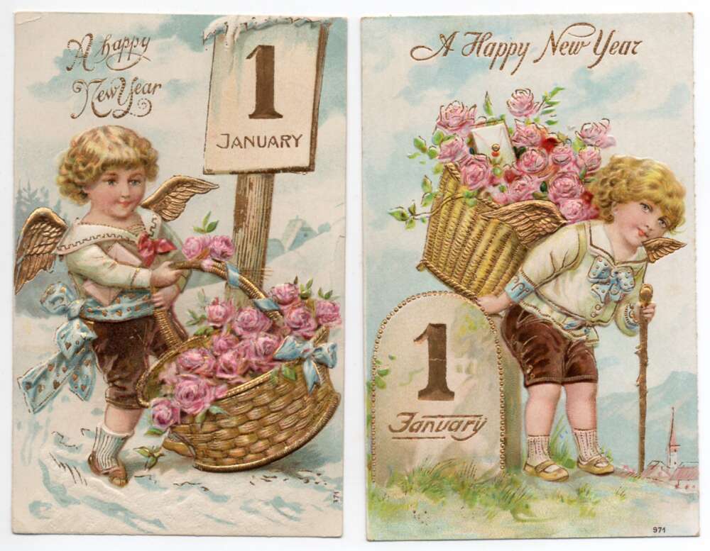 Pair of New Year Greetings Angel with Roses and Letter Vintage