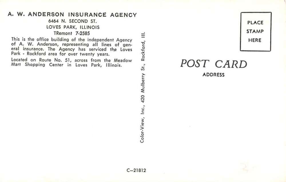 Loves Park Illinois Anderson Insurance Agency Vintage Postcard AA43952 - Image 2