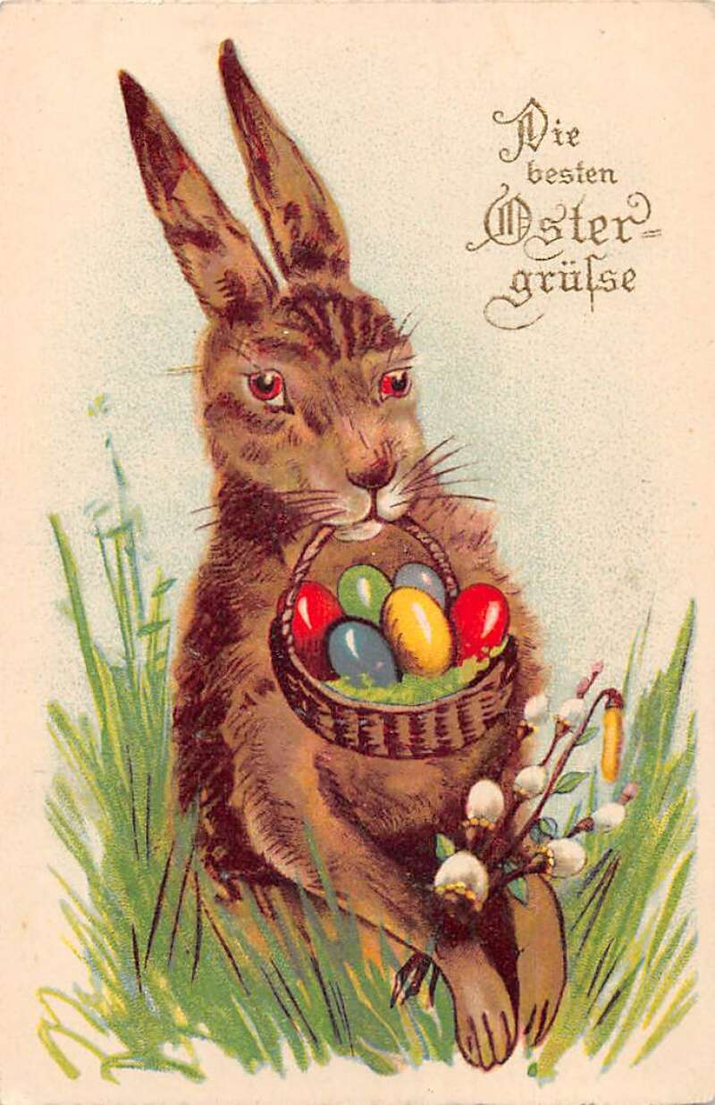 German Easter Greetings Bunny Rabbit Egg Basket Vintage Postcard