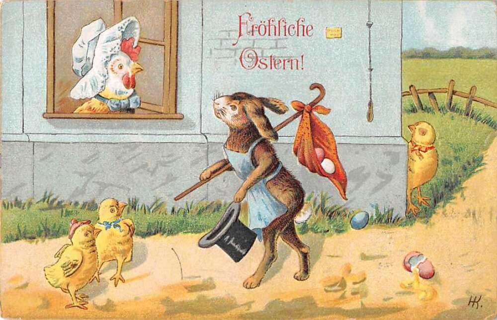 German Easter Greetings Dressed Chicken Dressed Rabbit Vintage Postcard