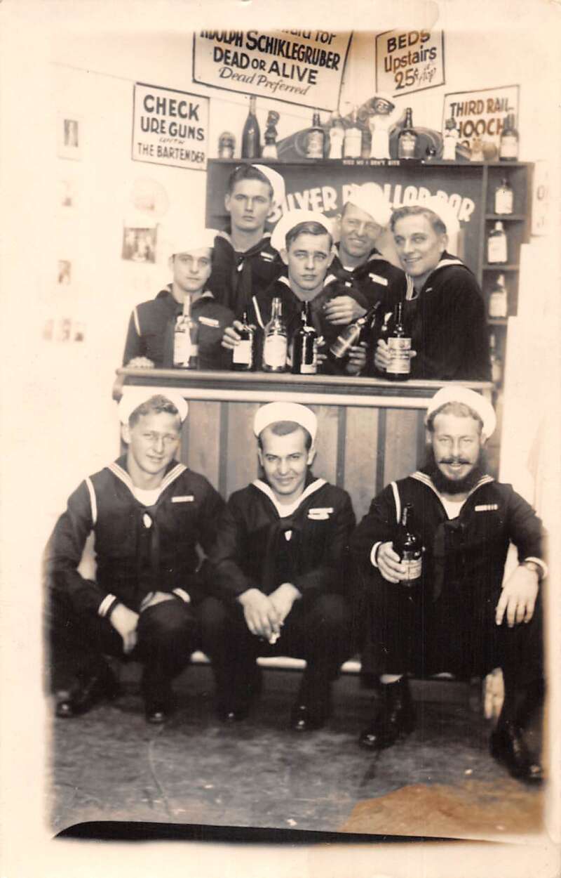 US Sailors Drinking in Bar Real Photo Vintage Postcard AA45880
