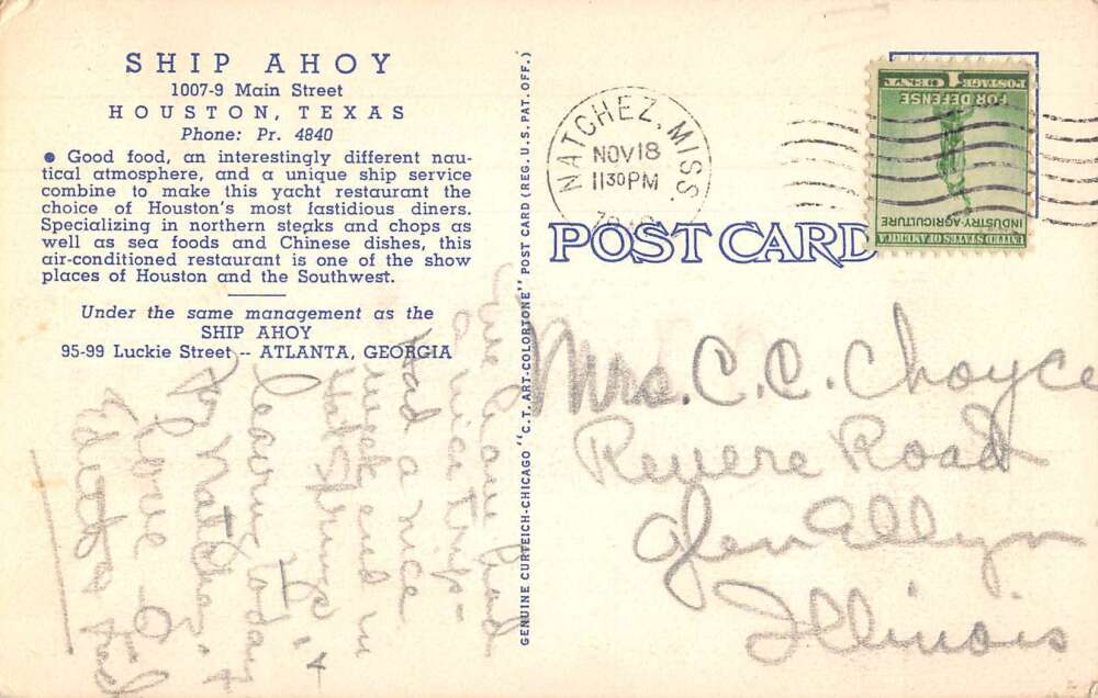 Houston Texas The Ship Ahoy Restaurant Vintage Postcard AA47926 - Image 2