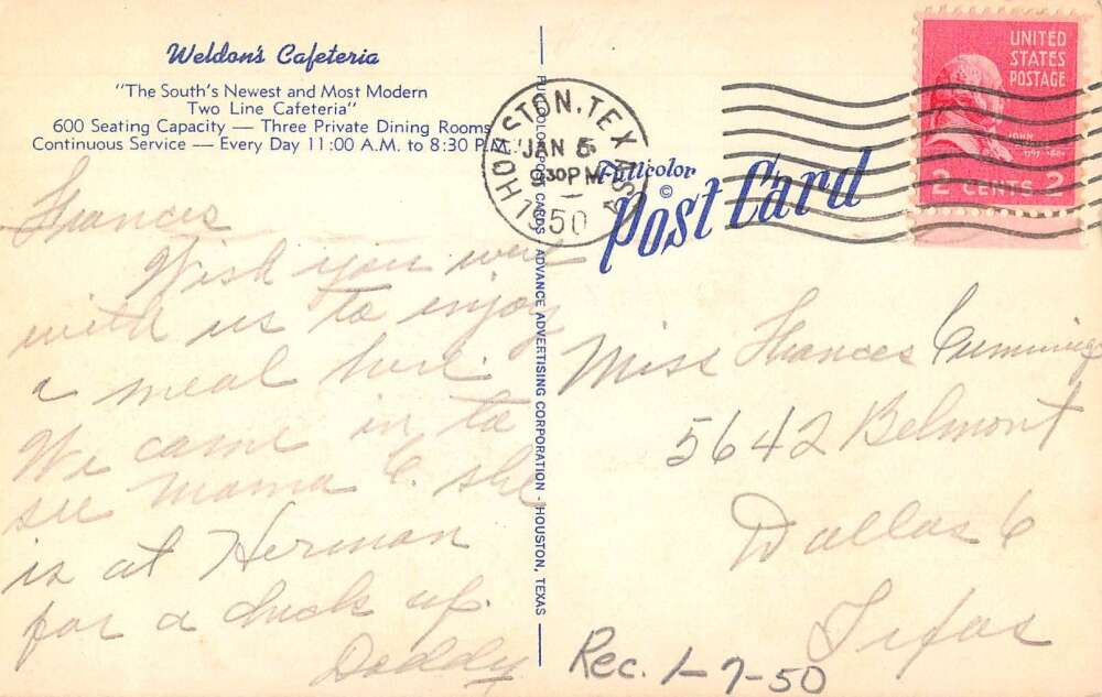 Houston Texas Weldon Cafeteria Linen Vintage Postcard AA48814 Mary L