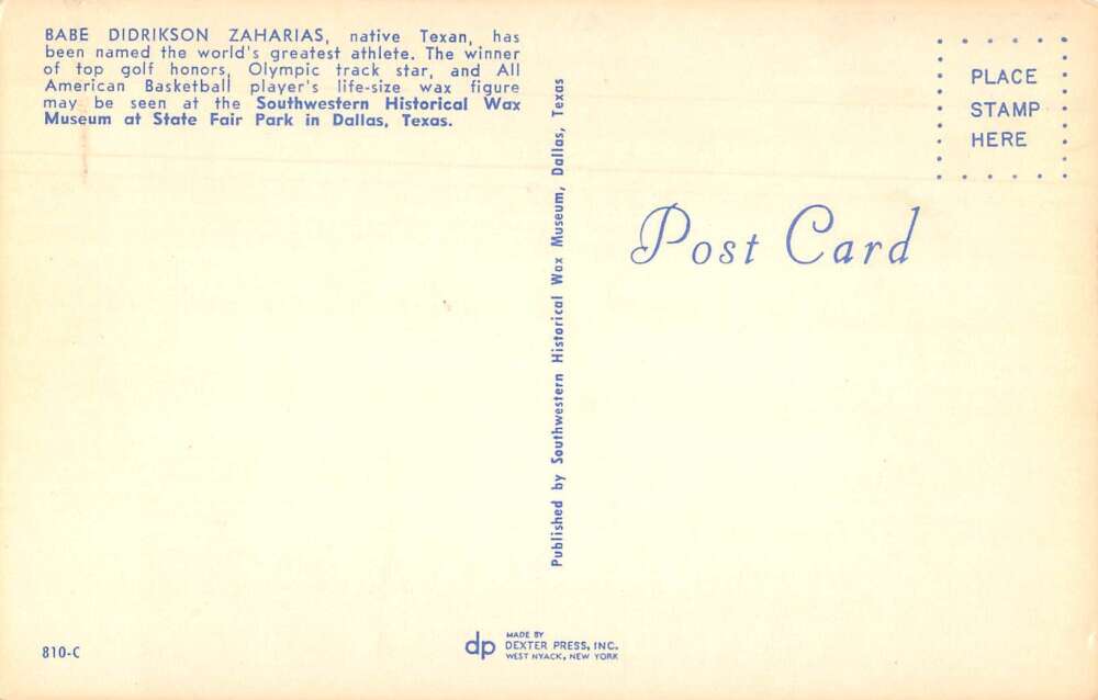 Dallas Texas Wax Museum Babe Didrikson Zaharias Golf Sports Postcard AA50954 - Image 2