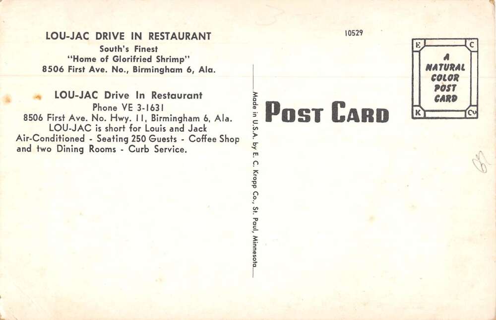 Birmingham Alabama Lou Jac Drive In Restaurant Vintage Postcard AA51335 - Image 2