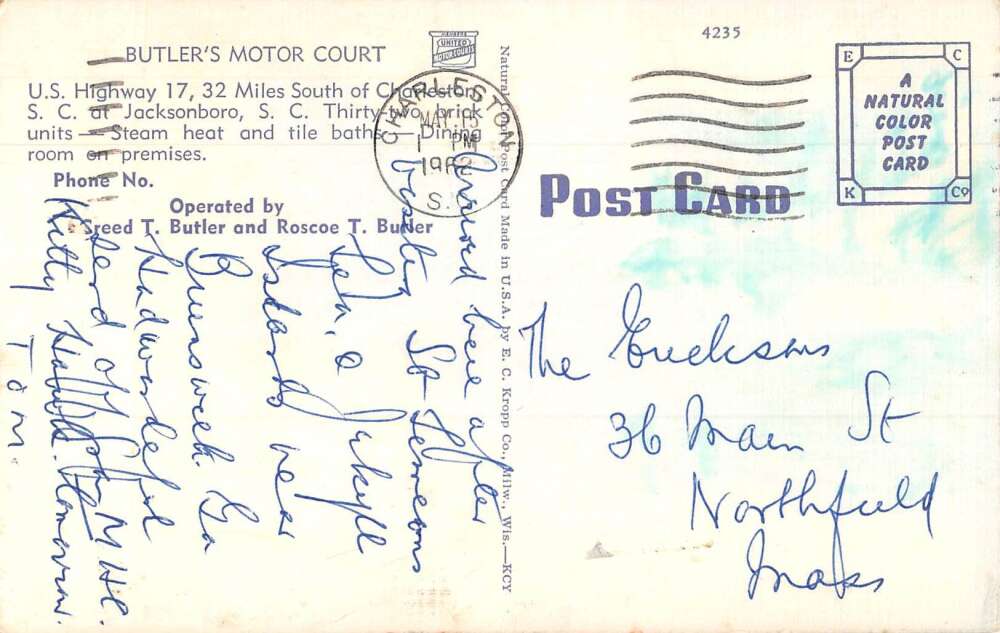 Jacksonboro South Carolina Butler's Motor Court Drive In Restaurant PC AA51336 - Image 2