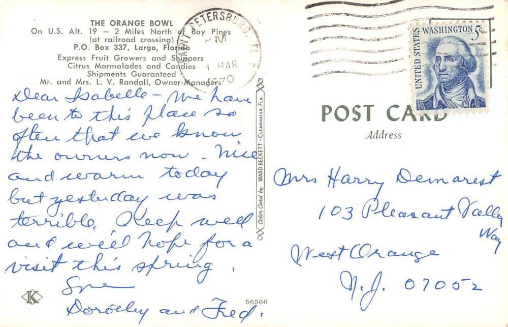 Largo Florida Orange Bowl Vintage Postcard AA52046 - Image 2