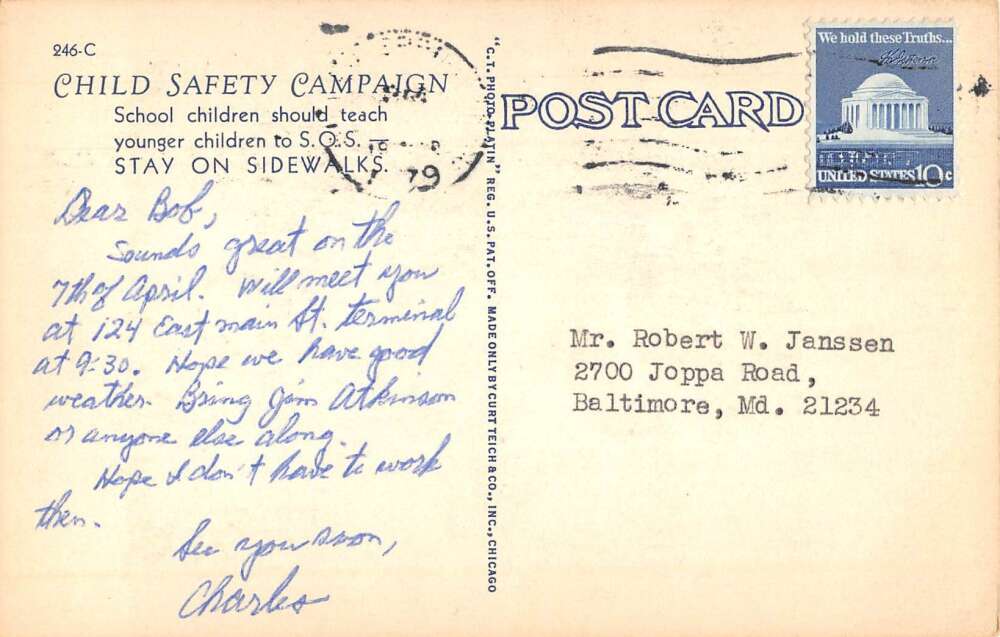 Baltimore Maryland Casualty Co Child Safety Car Accident Postcard AA54219 - Image 2