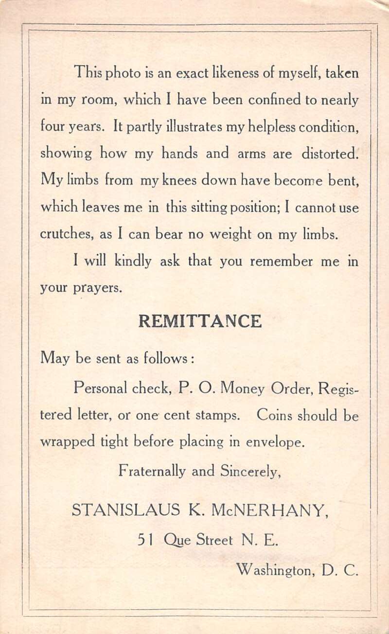 Washington DC Catholic Relief Crippled Man in Wheel Chair Non PC Back AA55679 - Image 2