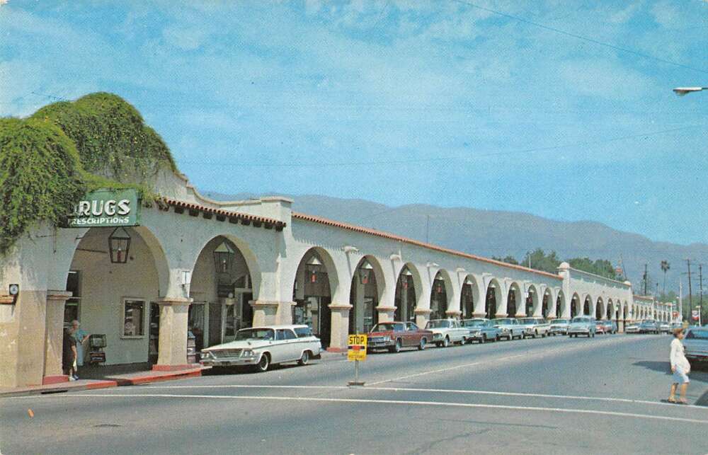 Ojai California Arcade Arches Drug Store Main Street Postcard AA57042