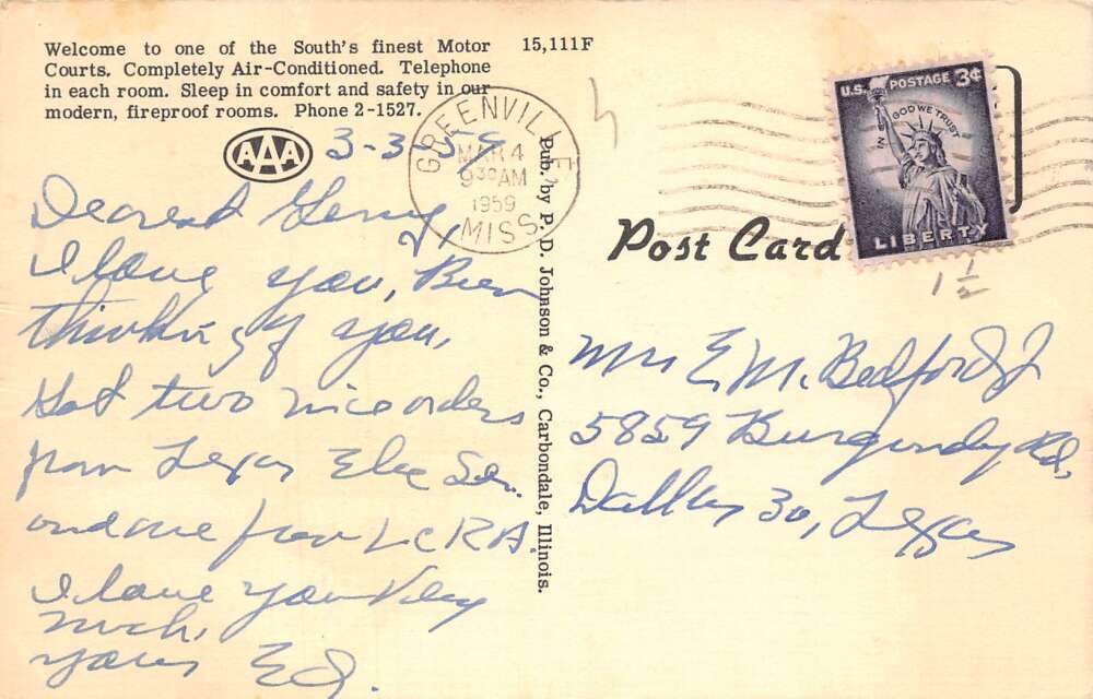Greenville Mississippi Gilhara Motor Hotel Vintage Postcard AA57240 - Image 2