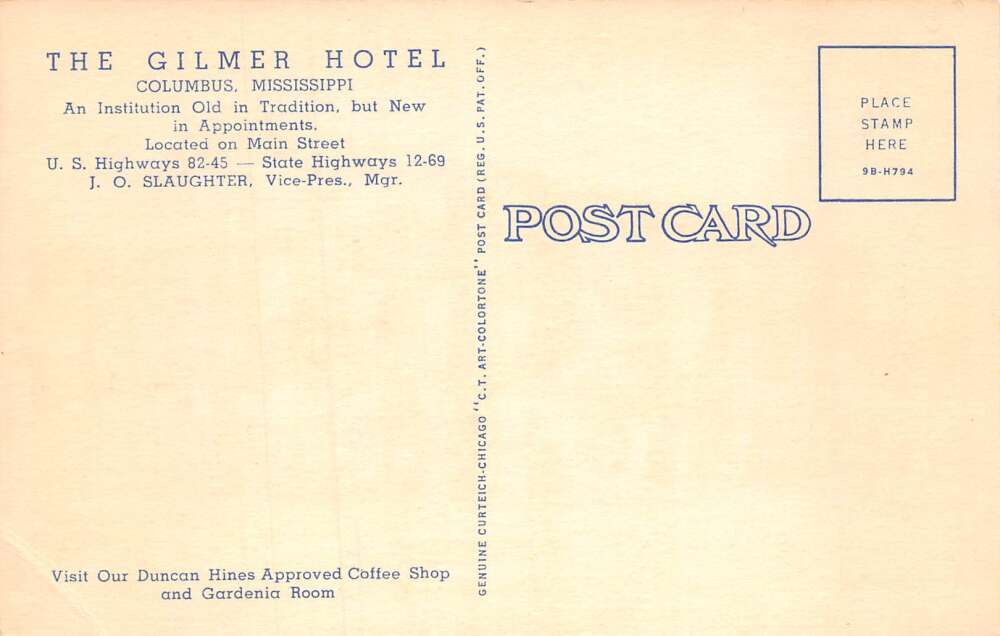 Columbus Mississippi Gilmer Hotel Linen Vintage Postcard AA57274 - Image 2