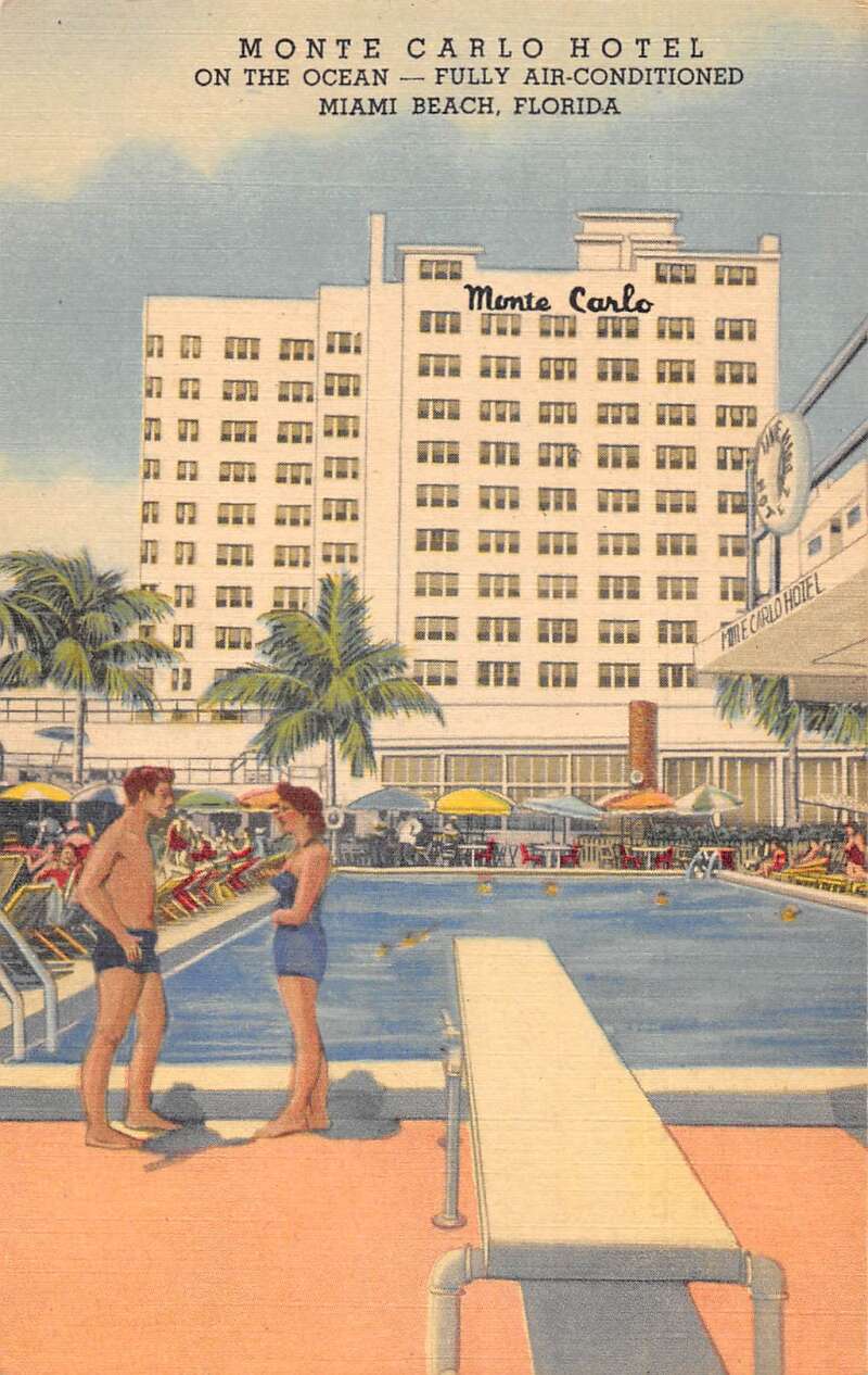 Birdseye View Miami Beach Florida Sands Motel roadside 1950s Postcard pool  7795