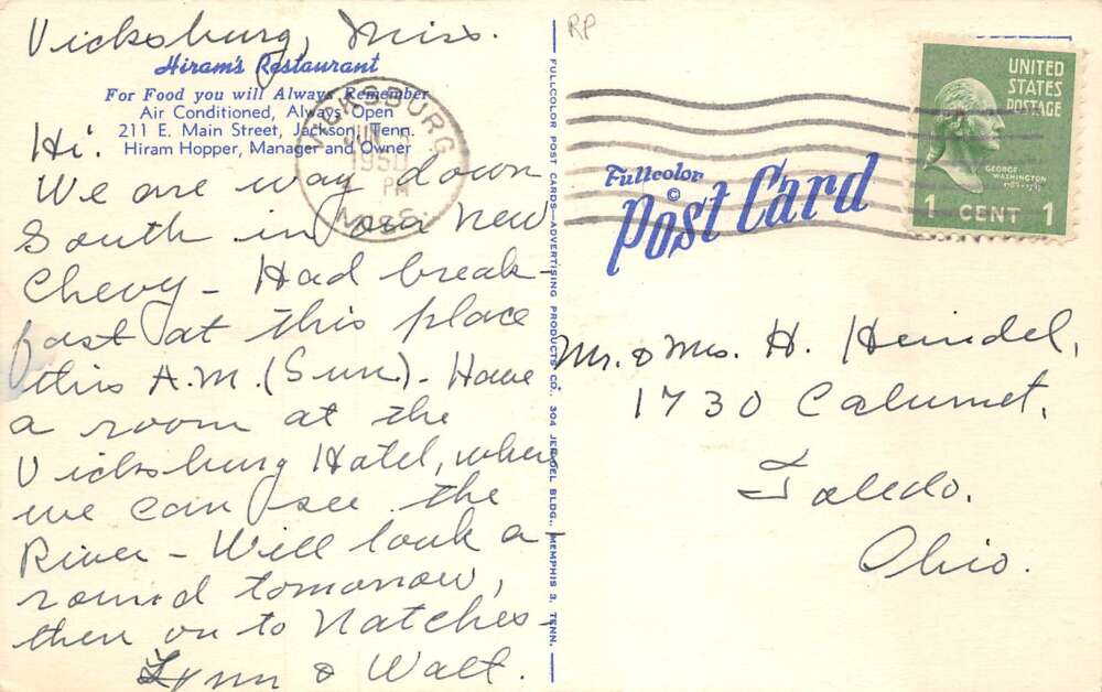 Jackson Tennessee Hiram's Restaurant Dining Room Vintage Postcard AA58310 - Image 2