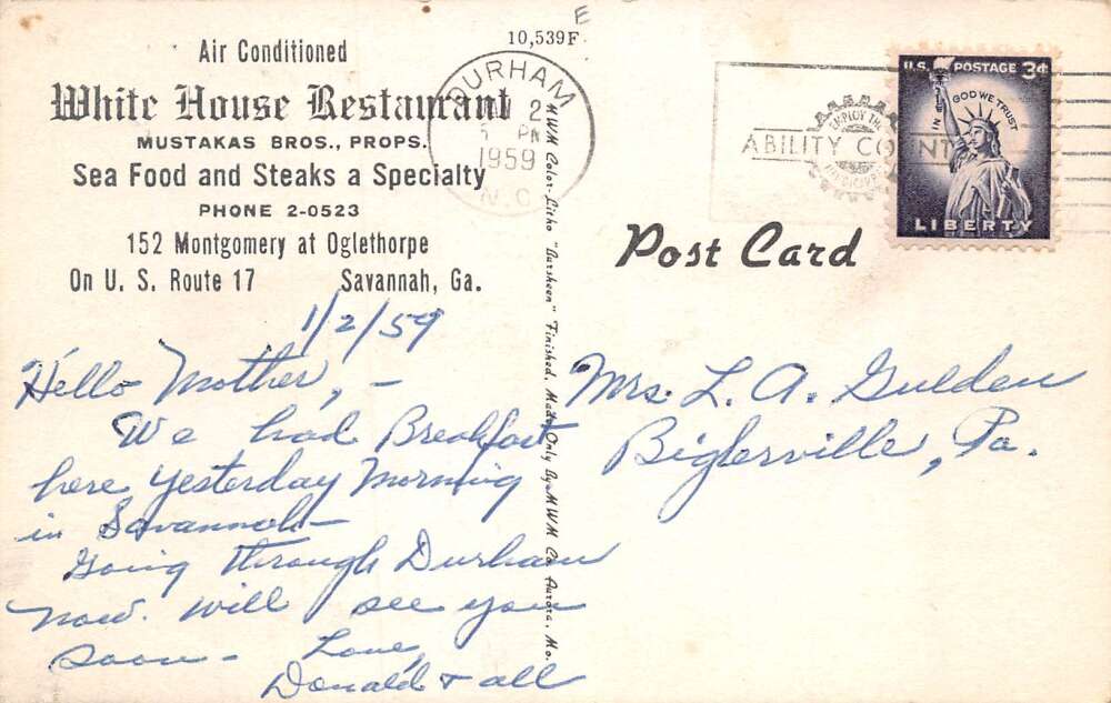 Savannah Georgia White House Restaurant Vintage Postcard AA58313 - Image 2