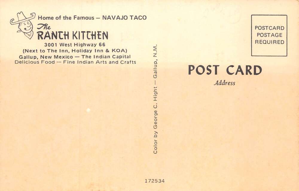 Gallup New Mexico Ranch Kitchen Navajo Taco Route 66 Postcard AA59478 - Image 2