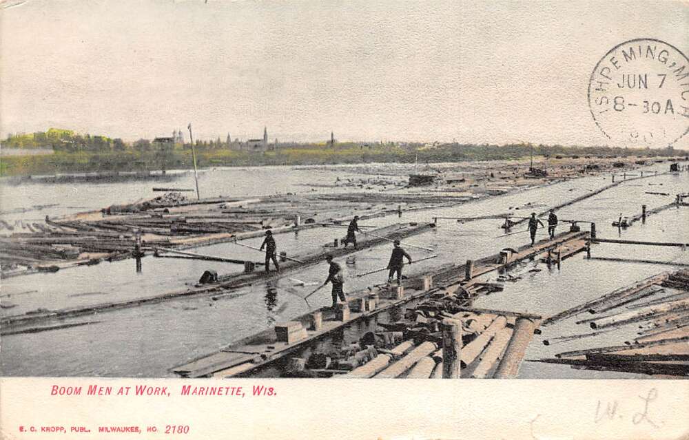 Wisconsin Boom Men at Work Logging Vintage Postcard AA60513